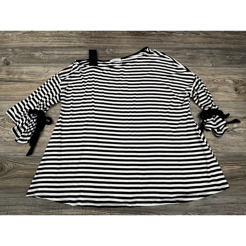 Inside Out Blouse Women's Medium "Samantha" Stripe Cold Shoulder‎ Sleeve Bows